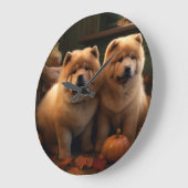 Grande Horloge Ronde Chow Chow Chiot Automne Citrouille de plaisir (Angle)