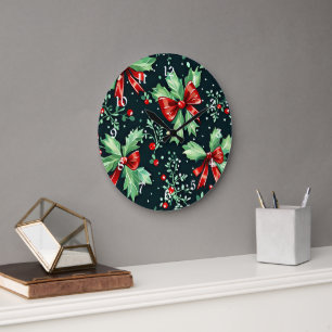 Grande Horloge Ronde Christmas Holly Berry Motif