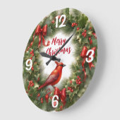 Grande Horloge Ronde Christmas Holly, Bows et Cardinal (Angle)