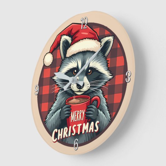 Grande Horloge Ronde Christmas Raccoon Cocoa Cheer (Angle)
