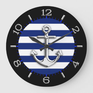 Grande Horloge Ronde Chrome Ancre sur Navy Blue Stripes Dial