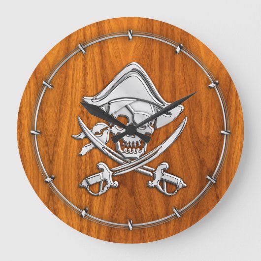 Grande Horloge Ronde Chrome comme Pirate sur la plaque de teck (Recto)