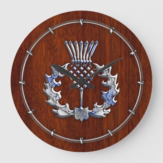 Grande Horloge Ronde Chrome en argent sur bois d'acajou chardon écossai (Recto)