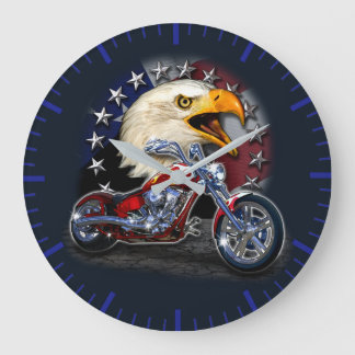 Grande Horloge Ronde Chrome moto chopper aigle patriotique drapeau USA