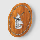 Grande Horloge Ronde Chromes Silver like Sailboat on Teak Veneer (Angle)
