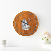 Grande Horloge Ronde Chromes Silver like Sailboat on Teak Veneer (Maison)