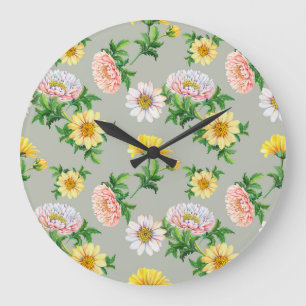 Grande Horloge Ronde Chrysanthèmes aquarelle, motif floral transparent
