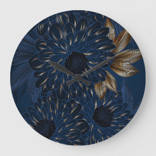 Grande Horloge Ronde Chrysanthèmes dessinés à la main, motif floral élé