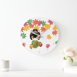 Grande Horloge Ronde Chute Poupée Kokeshi - Green Kimono Geisha Girl G