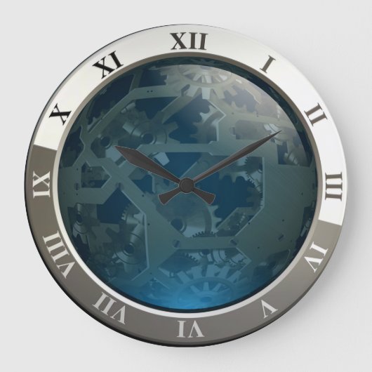 Grande Horloge Ronde Circuits et engrenages bleus personnalisés (Recto)