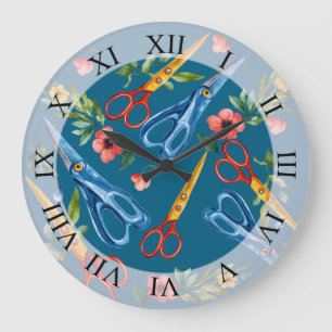 Grande Horloge Ronde Ciseaux à l'aquarelle & Motif sans fin de fleurs s