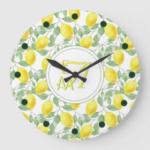 Grande Horloge Ronde Citron Arbre Monogramme Motif Jaune Vert Décor