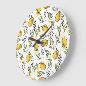 Grande Horloge Ronde Citron, branches vertes : motif abstrait. (Angle)