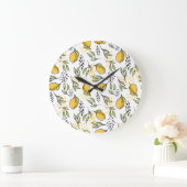 Grande Horloge Ronde Citron, branches vertes : motif abstrait. (Maison)
