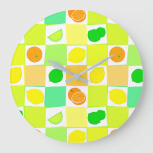Grande Horloge Ronde Citron, Limes Oranges avec Motif de Tranches Cuisi