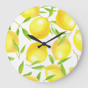 Grande Horloge Ronde citrons et feuilles d'aquarelle : motif.