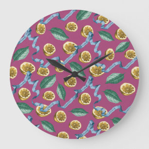 Grande Horloge Ronde Citrons et rubans bleus motif