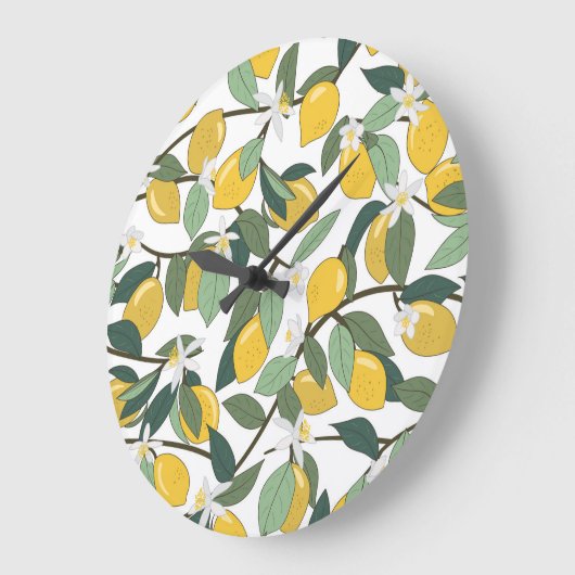 Grande Horloge Ronde Citrons Jaunes, Impression Tropicale Sans Fil. (Angle)