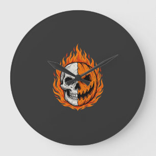 Grande Horloge Ronde Citrouille à visage coupé en crâne enflammé Hallow