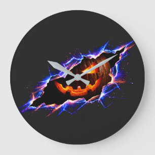 Grande Horloge Ronde Citrouille de Halloween lumineuse cosmique déchiré