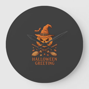 Grande Horloge Ronde Citrouille de salutation d'Halloween Sorcière Chap