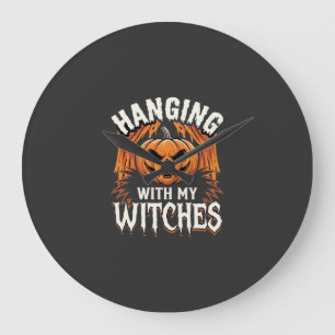 Grande Horloge Ronde Citrouille d'Halloween avec mes sorcières suspendu