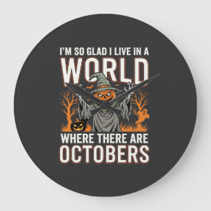 Grande Horloge Ronde Citrouille d'Halloween Épouvantail Octobre Monde V