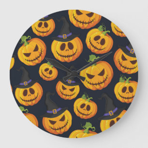 Grande Horloge Ronde Citrouille d'Halloween : Motif de sorcière Vintage