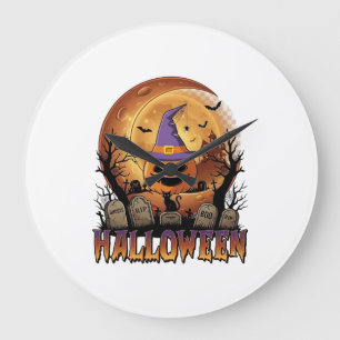 Grande Horloge Ronde Citrouille d'Halloween Sorcière Chapeau Chat Noir