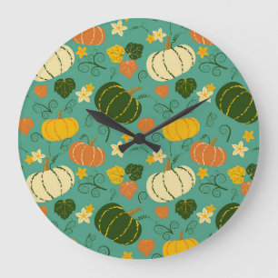 Grande Horloge Ronde Citrouille, feuille : motif végétal d'automne