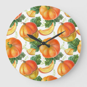 Grande Horloge Ronde Citrouille orange : Motif végétal été-automne.