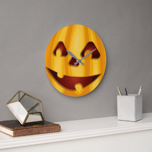 Grande Horloge Ronde Citrouille sculptée au design Halloween souriant