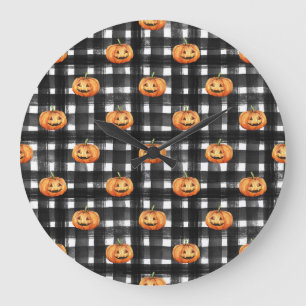 Grande Horloge Ronde Citrouilles d'Halloween : À damiers charme.