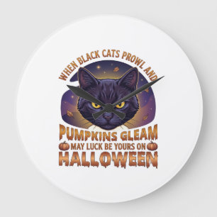 Grande Horloge Ronde Citrouilles Éclat Halloween Chat Noir Feuilles qui