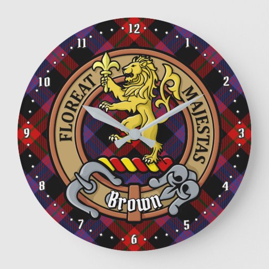 Grande Horloge Ronde Clan Brown Crest sur Tartan (Recto)