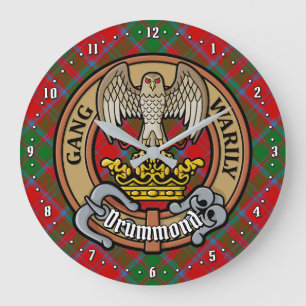 Grande Horloge Ronde Clan Drummond Crest sur Tartan