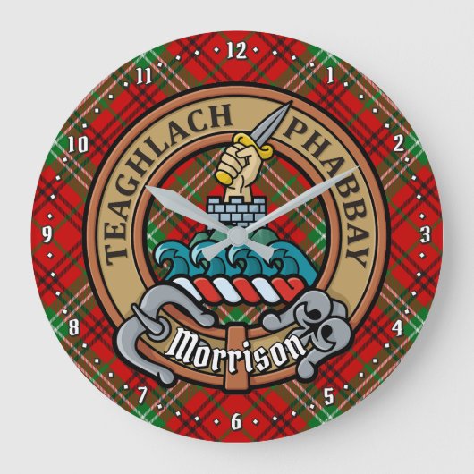 Grande Horloge Ronde Clan Morrison Crest sur Red Tartan (Recto)