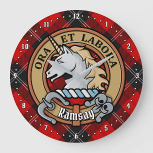 Grande Horloge Ronde Clan Ramsay Crest sur Red Tartan