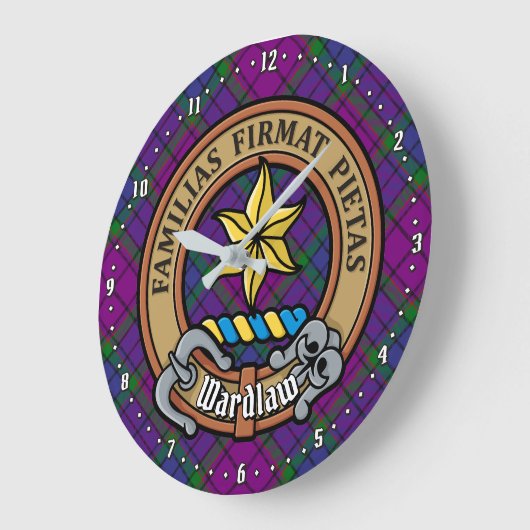 Grande Horloge Ronde Clan Wardlaw Crest sur Tartan (Angle)