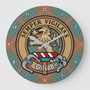 Grande Horloge Ronde Clan Wilson Crest au-dessus de Tartan antique