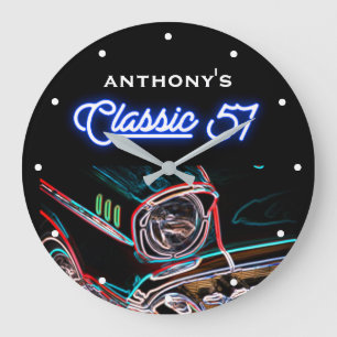 Grande Horloge Ronde Classic 57 1957 Chevy Neon Effect Voiture Noir Rét