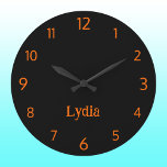 Grande Horloge Ronde Classic et Elegant Noir et Coucher de soleil Nom o<br><div class="desc">Classic et Elegant Noir et Neon Coucher de soleil Orange Nom Grande horloge</div>