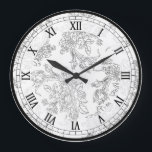 Grande Horloge Ronde Classic White and Black Floral Toile<br><div class="desc">Classic flore al design featuring delicate black outlines of roses and tulips on a transparent background. (White used in sample) Roman coordinating numerals,  black outer border and white opaque band.</div>