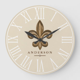 Grande Horloge Ronde Classy Gold Fleur de Lis & Taupe   Personalized