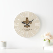 Grande Horloge Ronde Classy Gold Fleur de Lis & Taupe | Personalized (Maison)