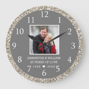 Grande Horloge Ronde Classy Silver Glitter 25e Anniversaire Photo
