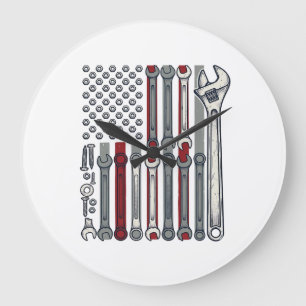 Grande Horloge Ronde Clé de mécanicien Drapeau Gravure vintage Vecteur 