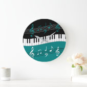 Grande Horloge Ronde Clés et notes de piano Turquoise noir blanc (Maison)