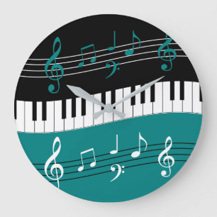 Grande Horloge Ronde Clés et notes de piano Turquoise noir blanc