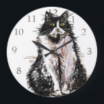 Grande Horloge Ronde Clock de Tuxedo<br><div class="desc">Tuxedo Cat Cute Watercolour Painting Decor Room Decor Clock. Designed from my original ink drawing art.</div>